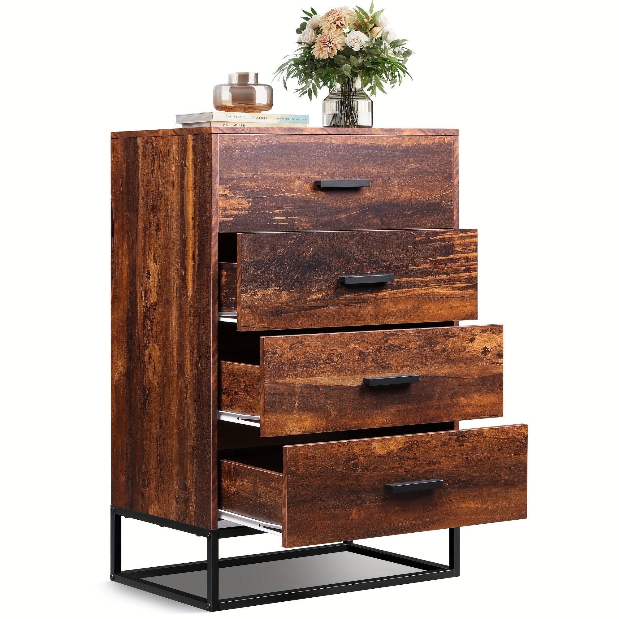 Wood Dresser for Bedroom with 4 Drawers, Chest of Drawers, Tall Dresser Drawers with Sturdy Metal Frame for Hallway, Living Room, Closet