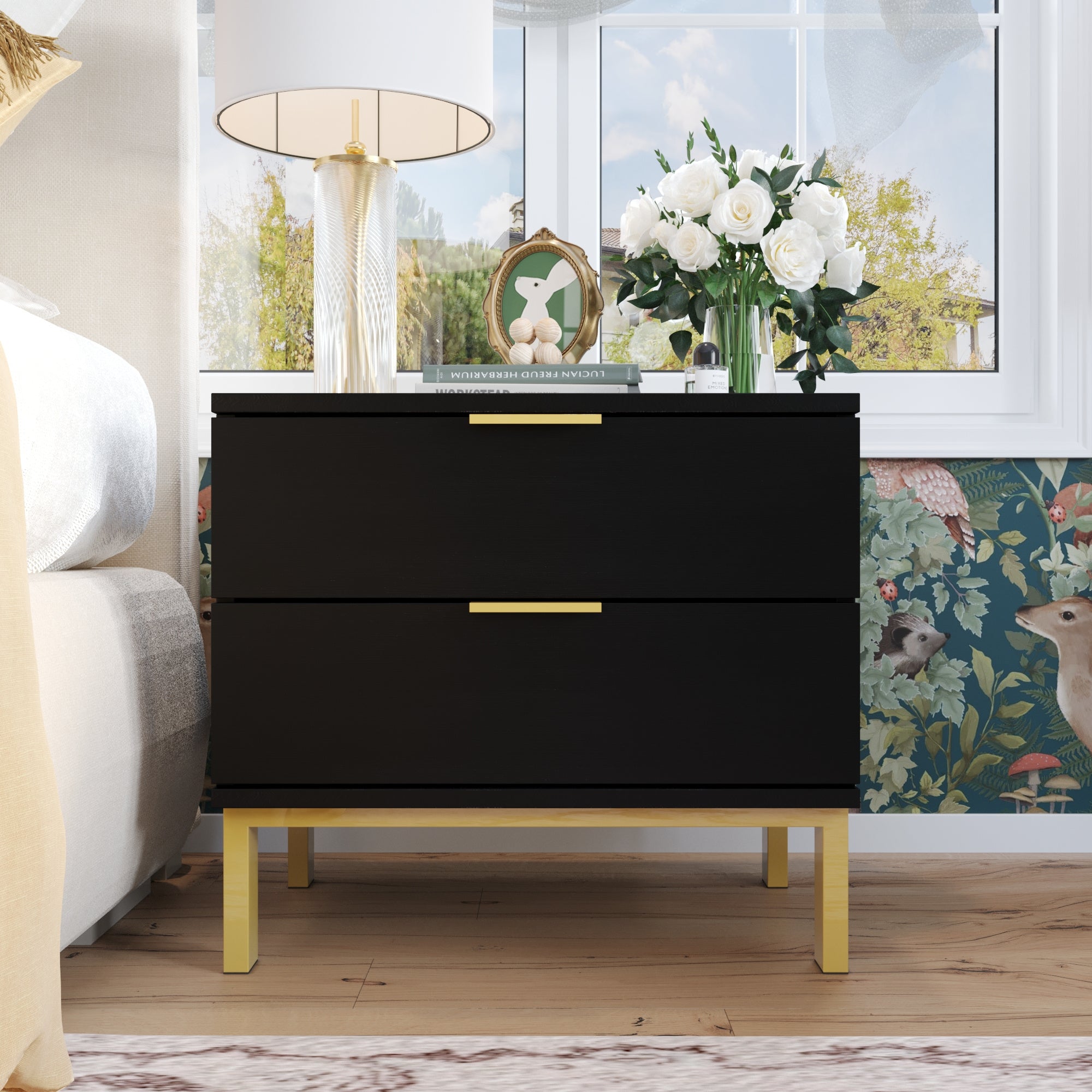 Elegant Black Bedside Table with Golden Metal Legs and Two Storage Drawers - Minimalist Design, Durable Engineered Particle Board, Versatile Use for Bedroom, Living Room, Entryway - Easy Assembly