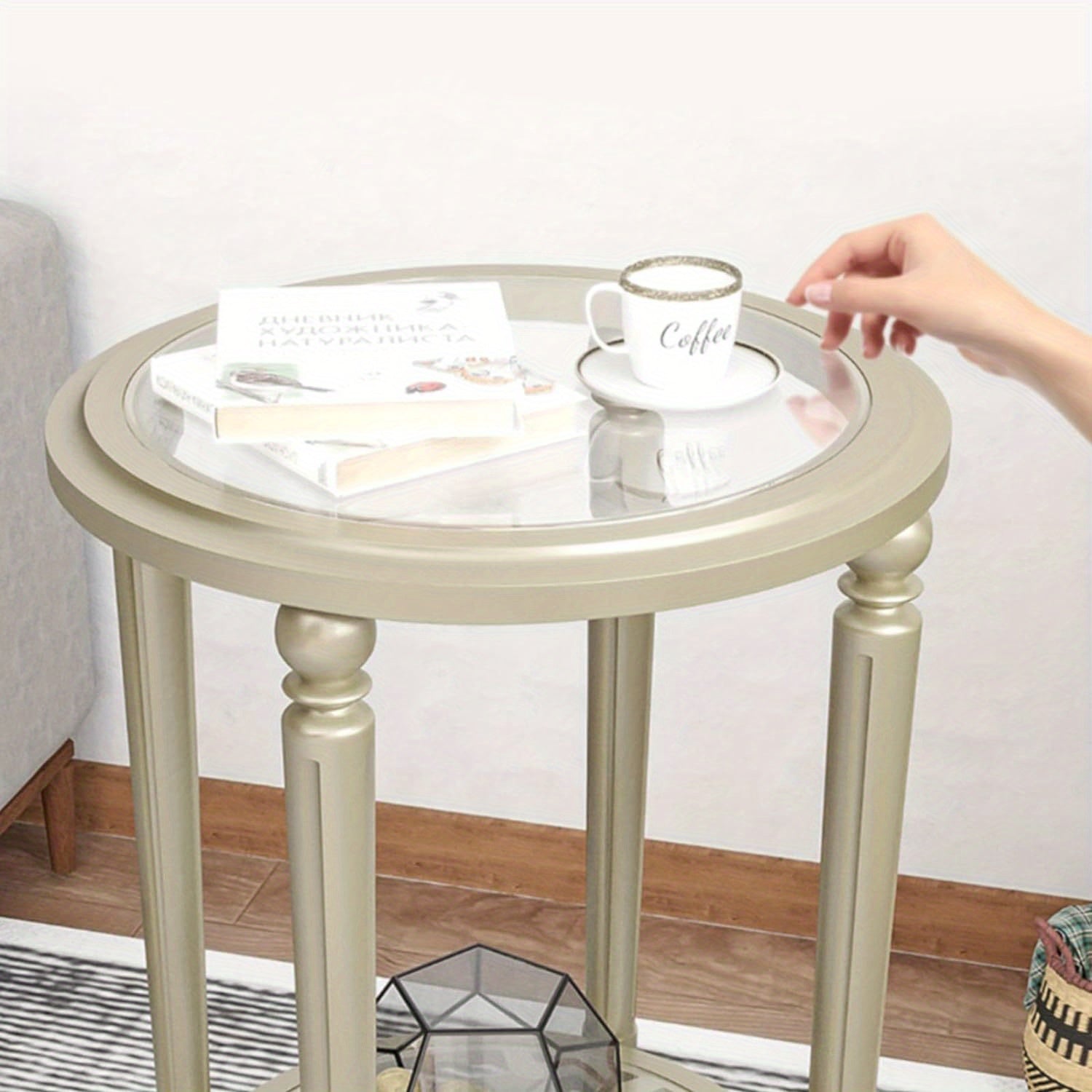 Modern End Table Side Table with Tempered Glass Top, 18" Round Wood Side Table, Lightweight MDF Accent End Table, Champagne Bed Side Table Nightstand for Living Room, Bedroom, Dinning