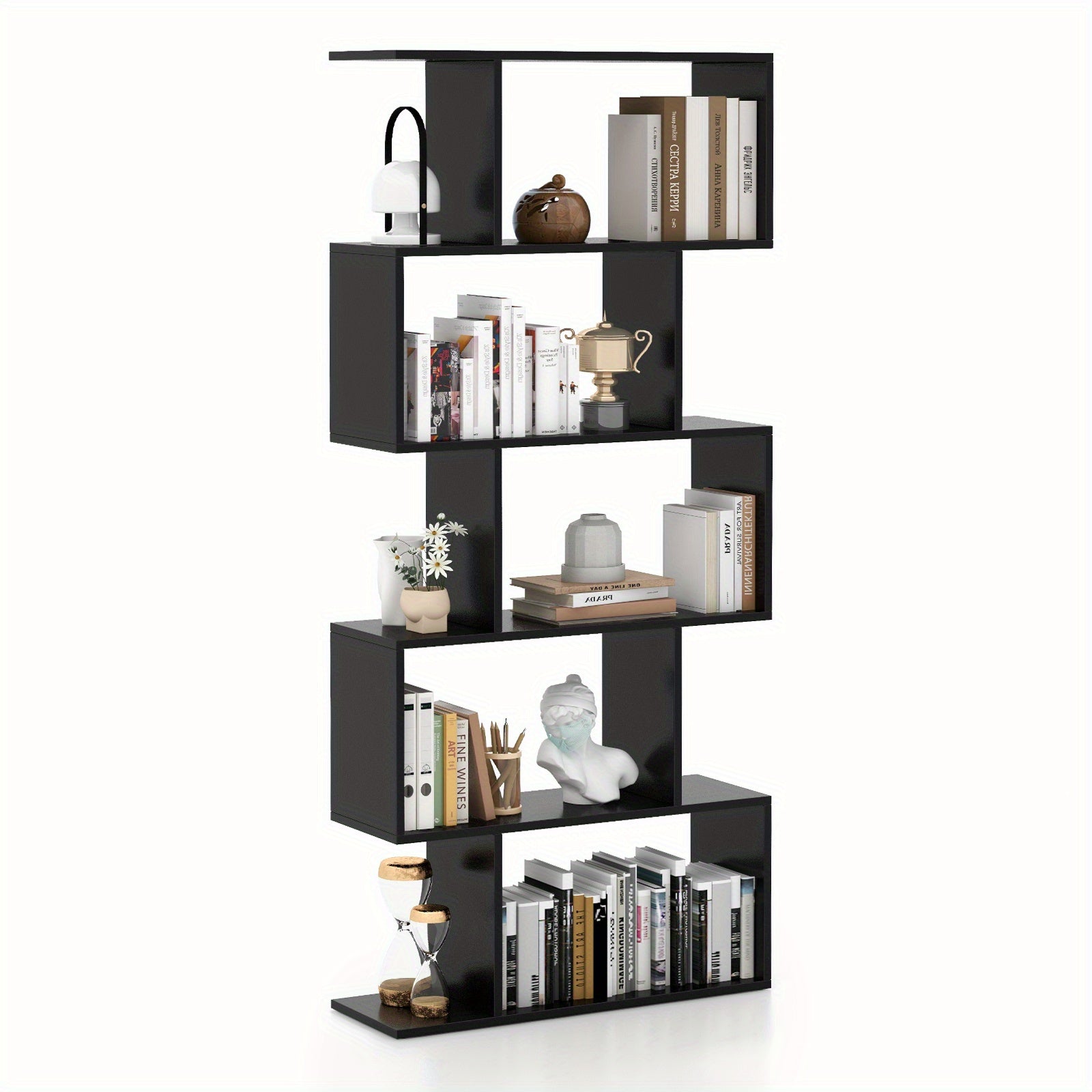 5-Tier Bookshelf Geometric S-Shaped Bookcase Room Divider Storage Display Shelf