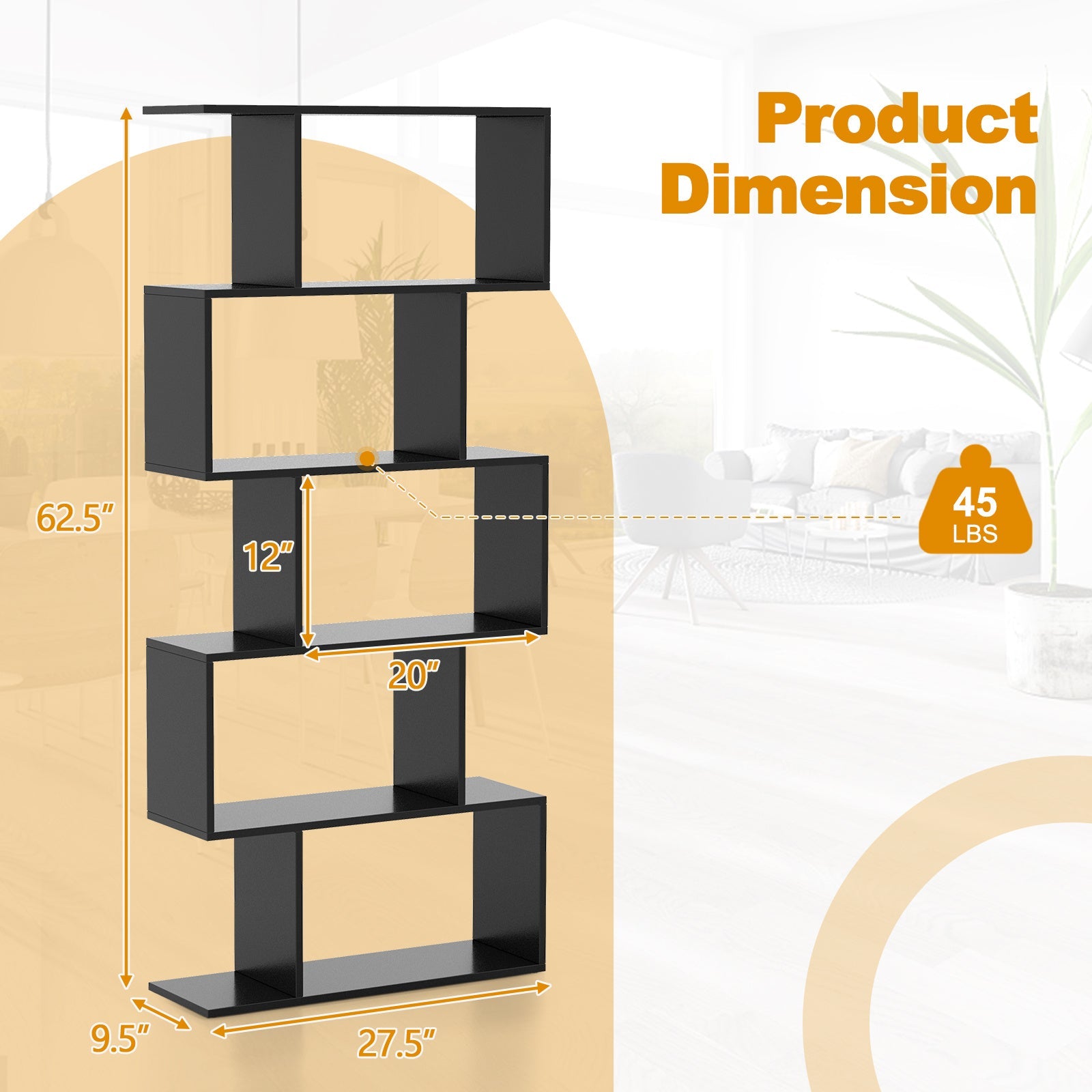 5-Tier Bookshelf Geometric S-Shaped Bookcase Room Divider Storage Display Shelf