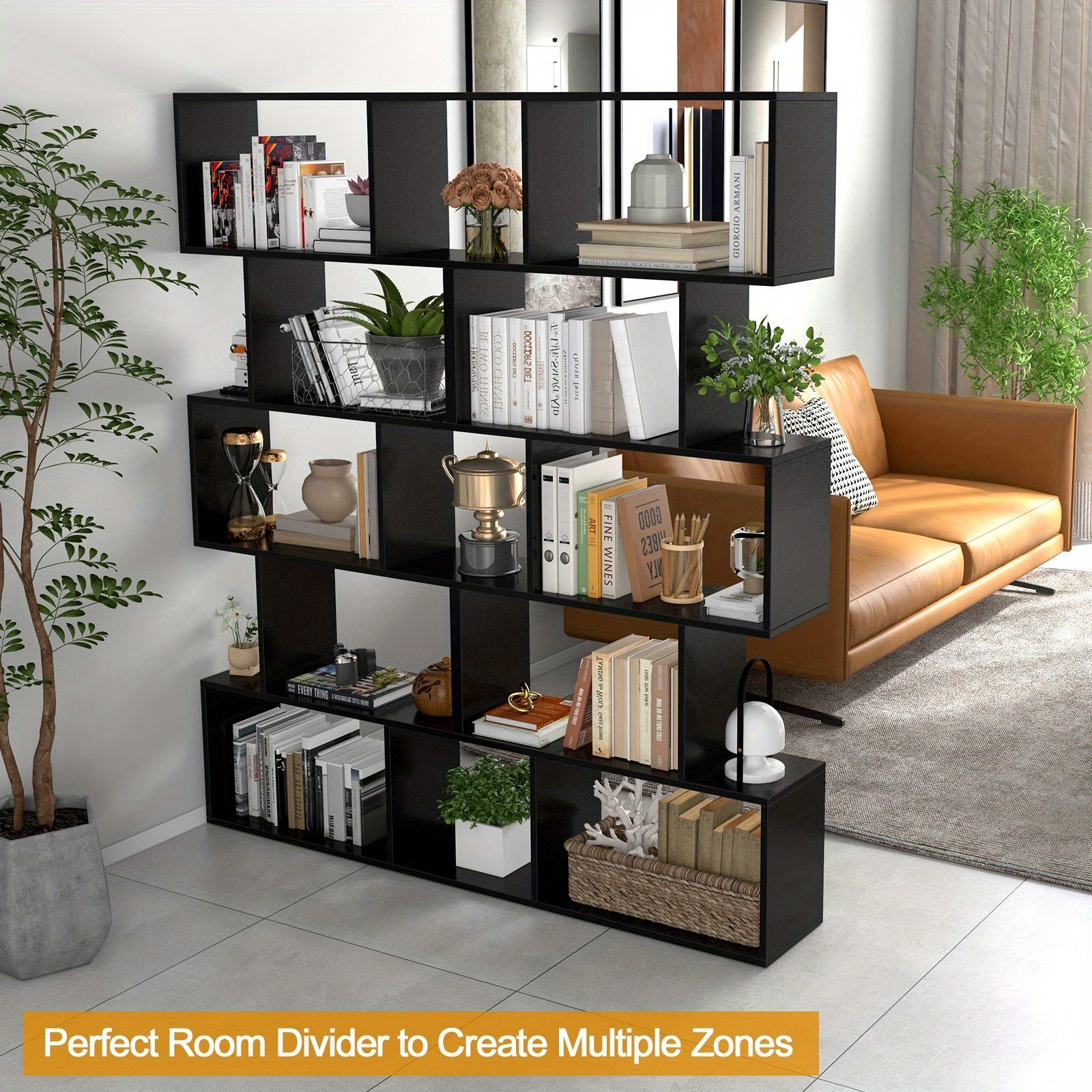 5-Tier Bookshelf Geometric S-Shaped Bookcase Room Divider Storage Display Shelf