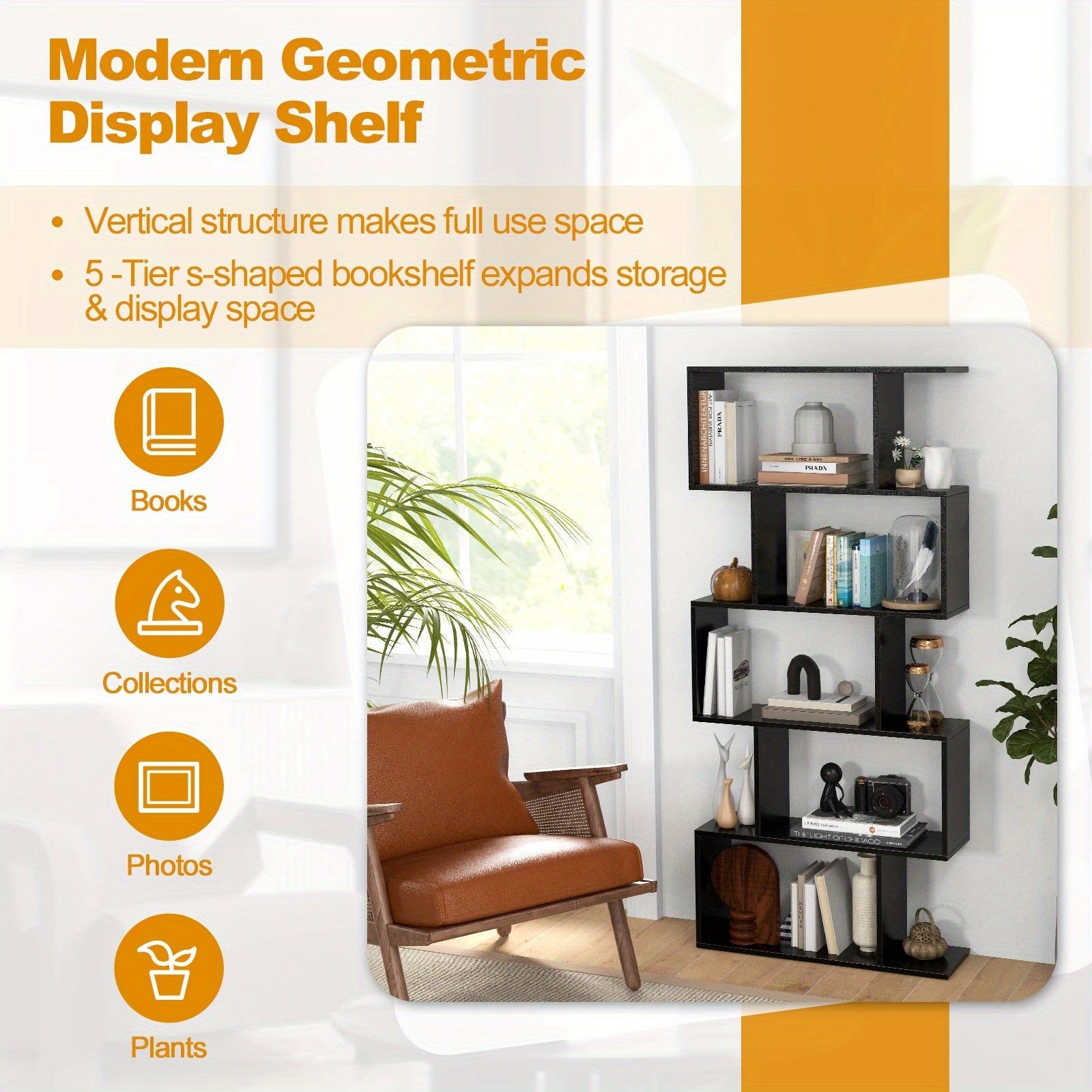 5-Tier Bookshelf Geometric S-Shaped Bookcase Room Divider Storage Display Shelf