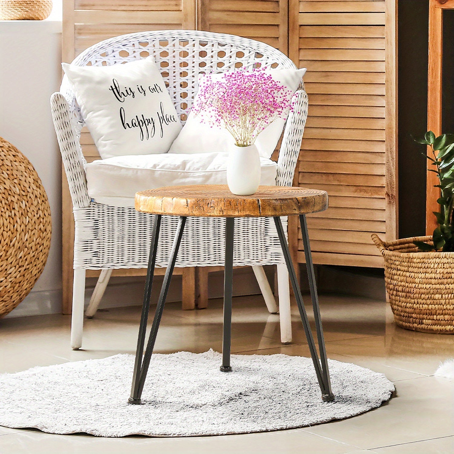 Outdoor Indoor Coffee Table, 50cm Wooden Look Coffee Table, Concrete Outdoor Side Table, Modern Round Metal Coffee Table for Livingroom Bedroom, Garden, Backyard