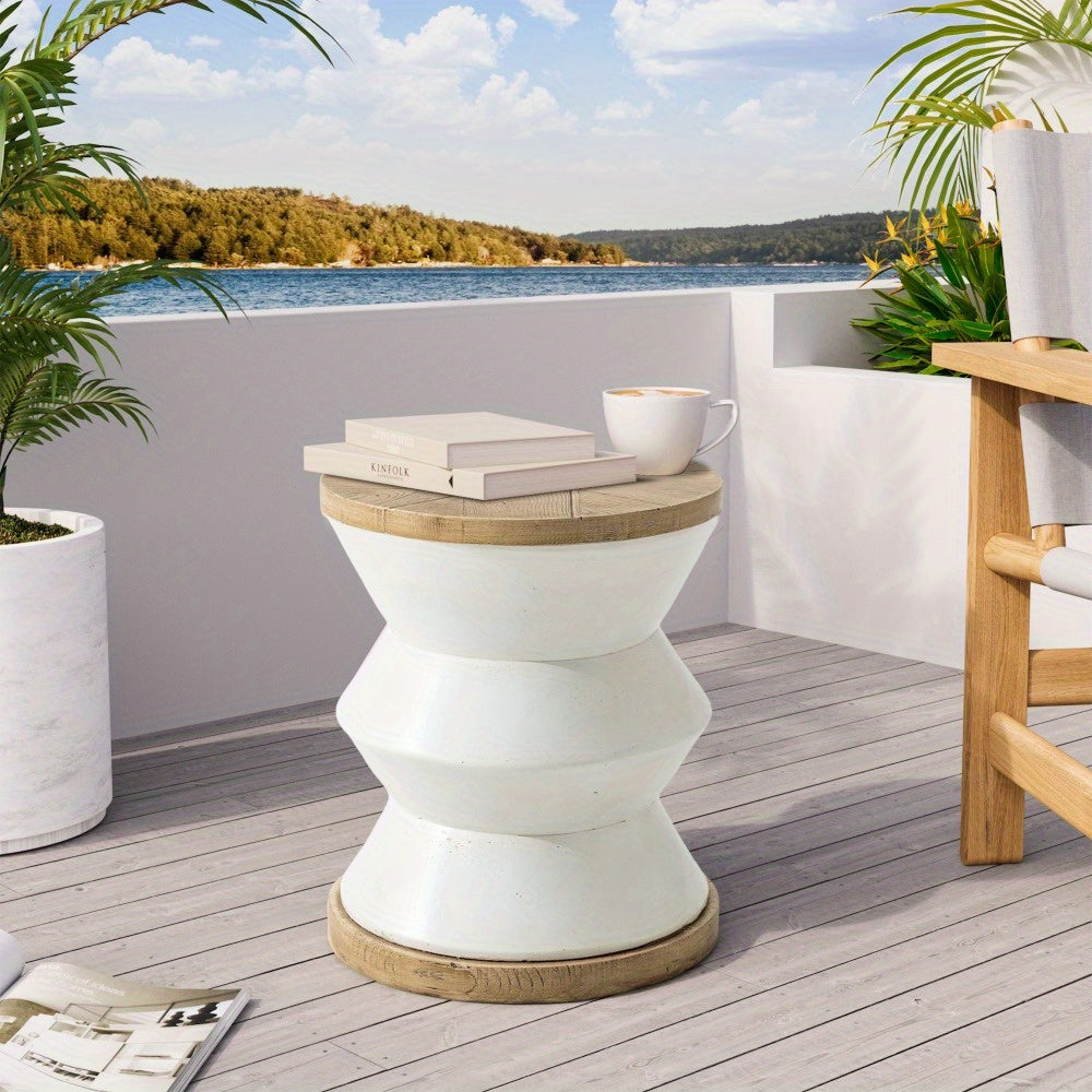 Concrete Side Table, White Outdoor Side Table for Patio, 14" Outdoor Accent Table Patio Side Table End Table, Ceramic Side Table Garden Stool Log Table