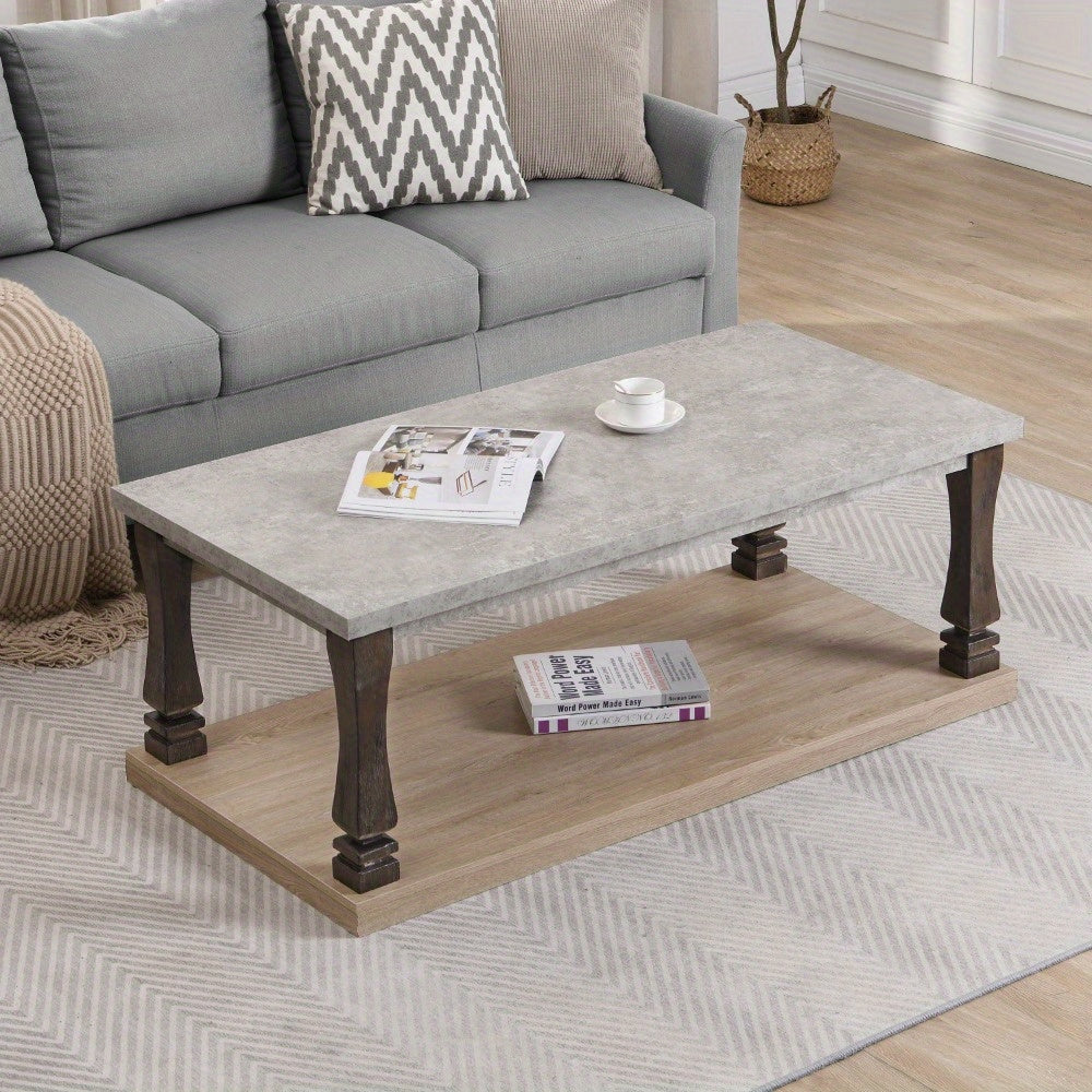 Industrial Coffee Table for Living Room, Wood Coffee Table with 2-Tier Storage Shelf, Entertaining Coffee Table, Cocktail Table with Open Storage Shelf, Modern Coffee Table, Light Grey+Natural, 48'' L x 23.9'' W x 18.62'' H