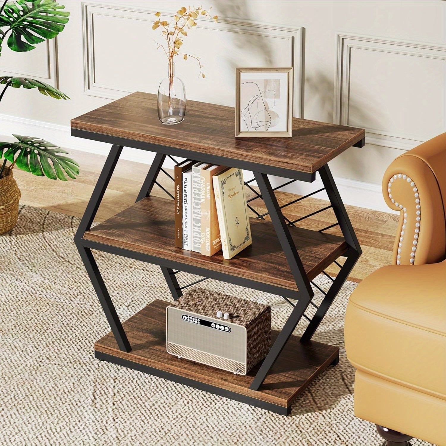 64cm Industrial-Style 3-Tier Rectangular Side Table with Geometric Metal Frame - Durable Wood and Black Finish, Open Shelving for Living Room or Bedroom Decor, Table Decor