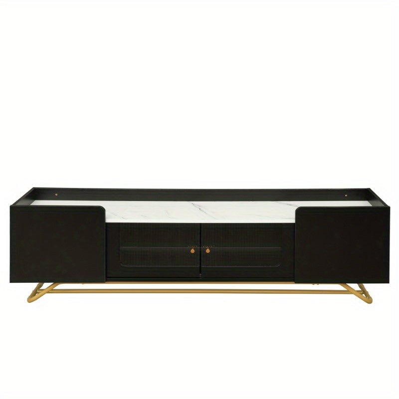 Sleek Design TV Stand with Fluted Glass, Contemporary Entertainment Center for TVs Up to 70", Faux Marble Top TV Console Table with Golden Frame Base, Black