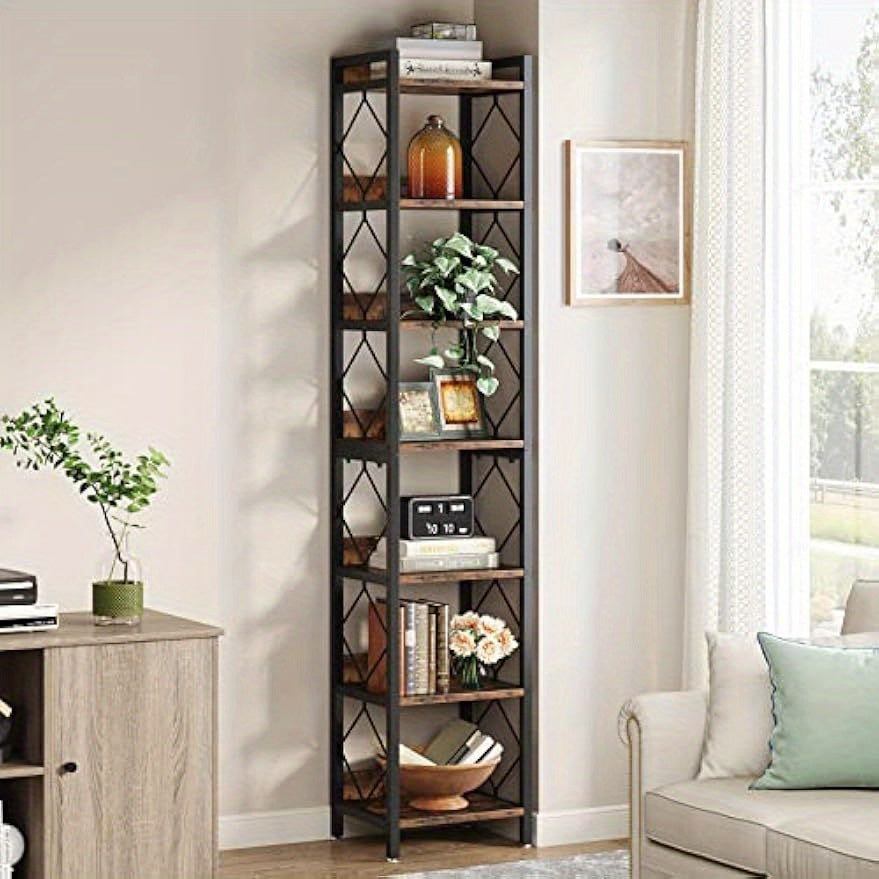 Extra Tall 200cm 7-Tier Bookshelf, Skinny Bookcase For Small Spaces, Freestanding Home Office Display Shelves, Multifunctional Corner Storage Organizer