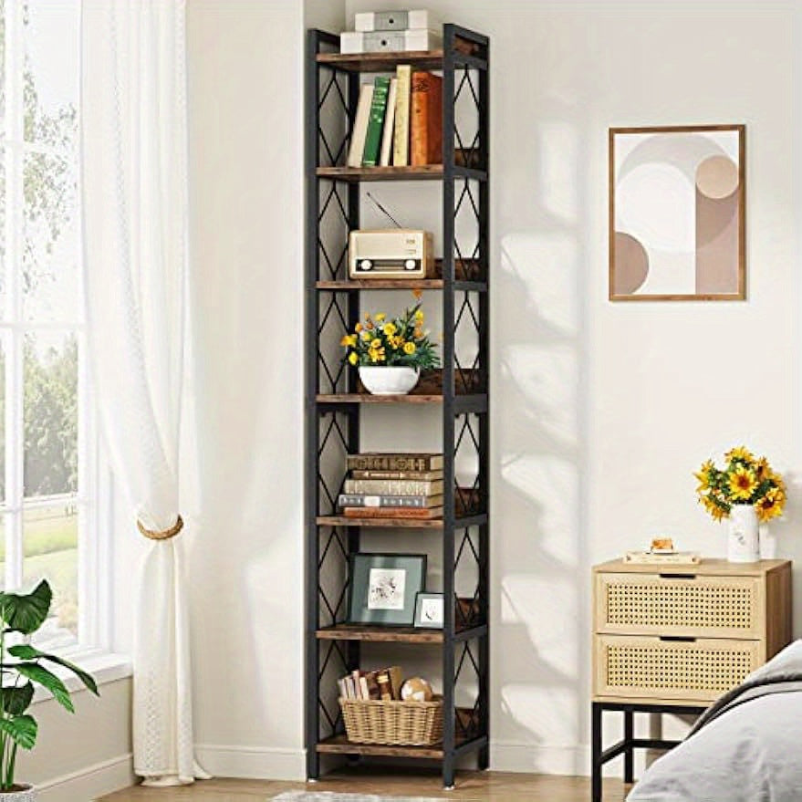 Extra Tall 200cm 7-Tier Bookshelf, Skinny Bookcase For Small Spaces, Freestanding Home Office Display Shelves, Multifunctional Corner Storage Organizer