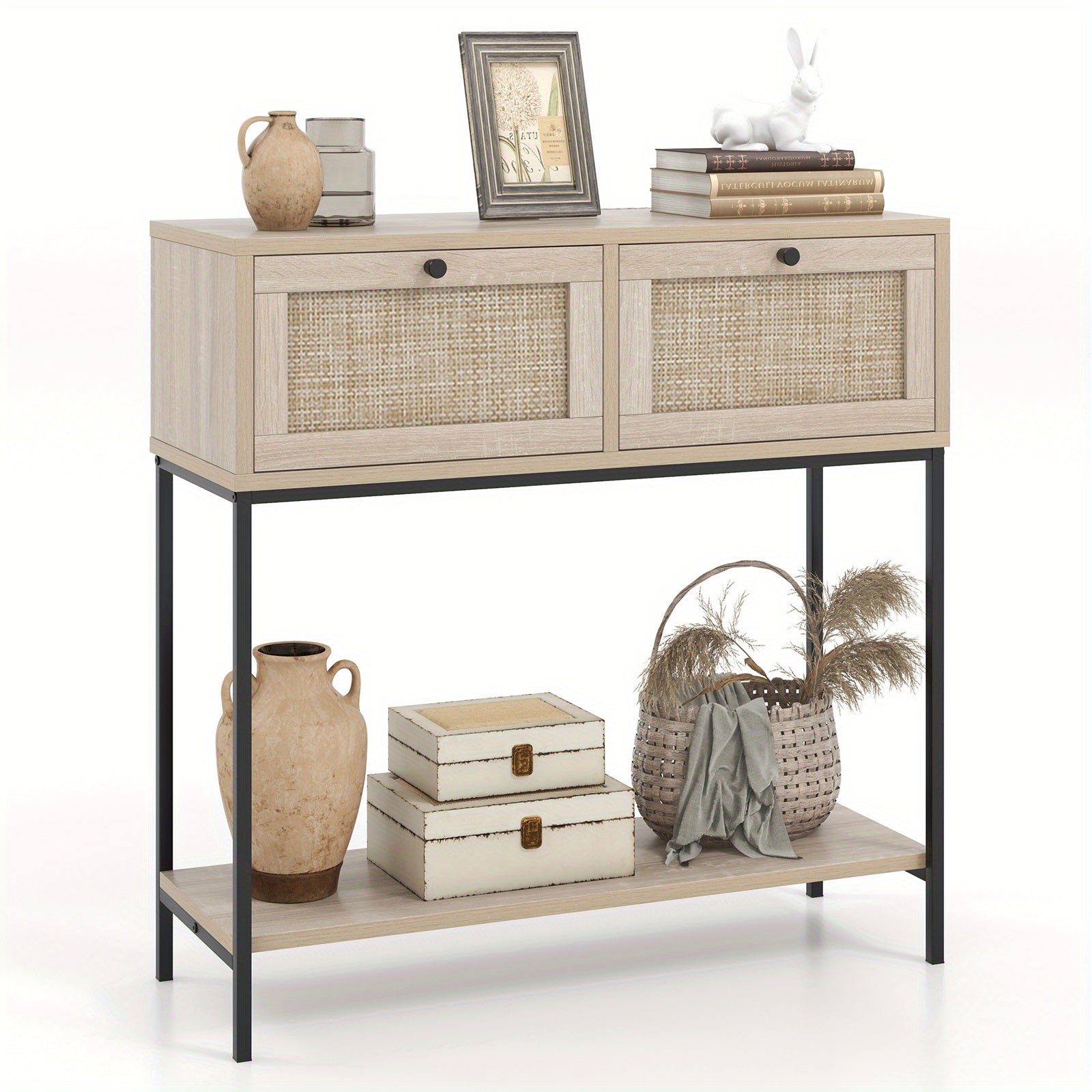 Rattan Console Table with 2 Rattan Drawers & Open Storage Shelf, Metal Legs, Oak - Dimensions in cm