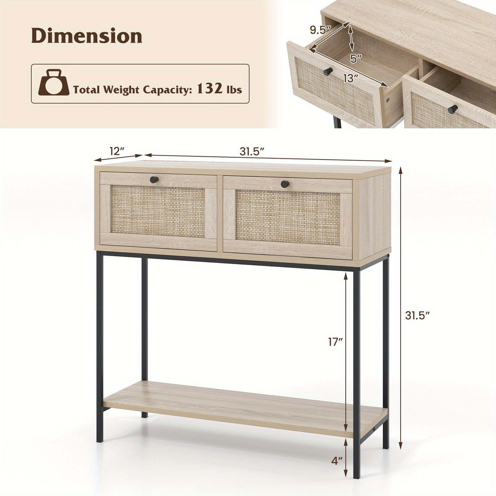 Rattan Console Table with 2 Rattan Drawers & Open Storage Shelf, Metal Legs, Oak - Dimensions in cm