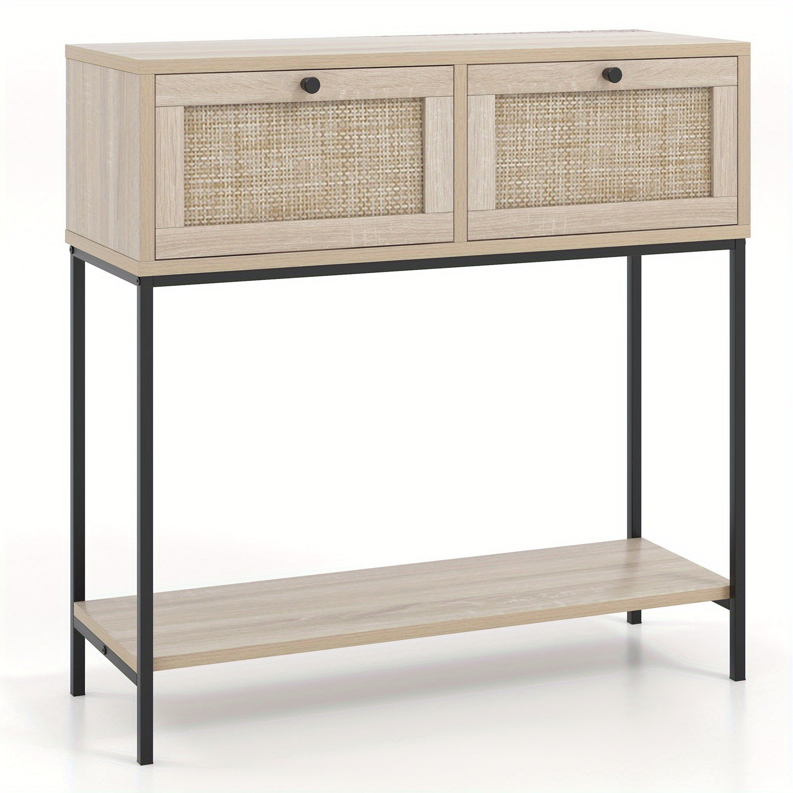 Rattan Console Table with 2 Rattan Drawers & Open Storage Shelf, Metal Legs, Oak - Dimensions in cm