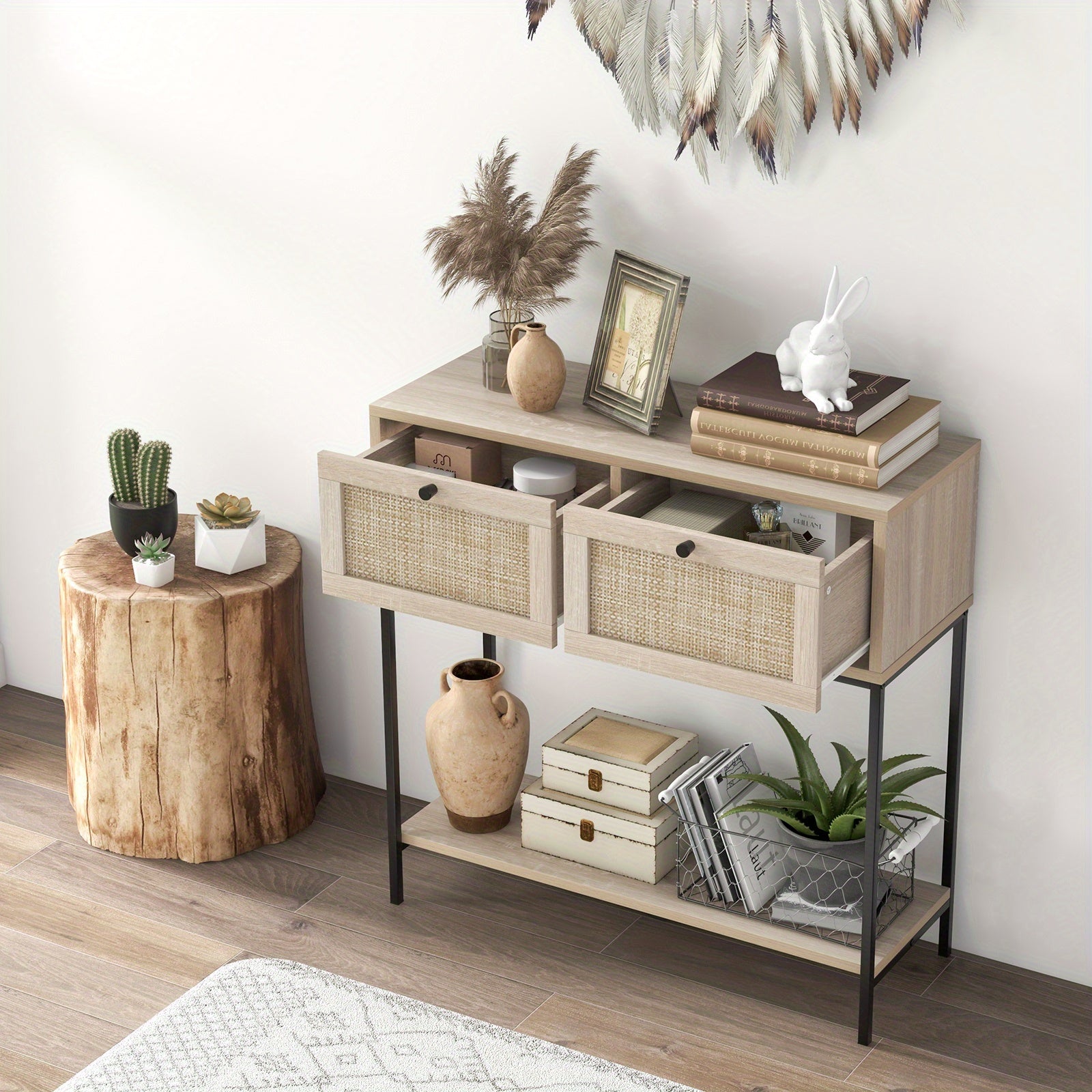 Rattan Console Table with 2 Rattan Drawers & Open Storage Shelf, Metal Legs, Oak - Dimensions in cm