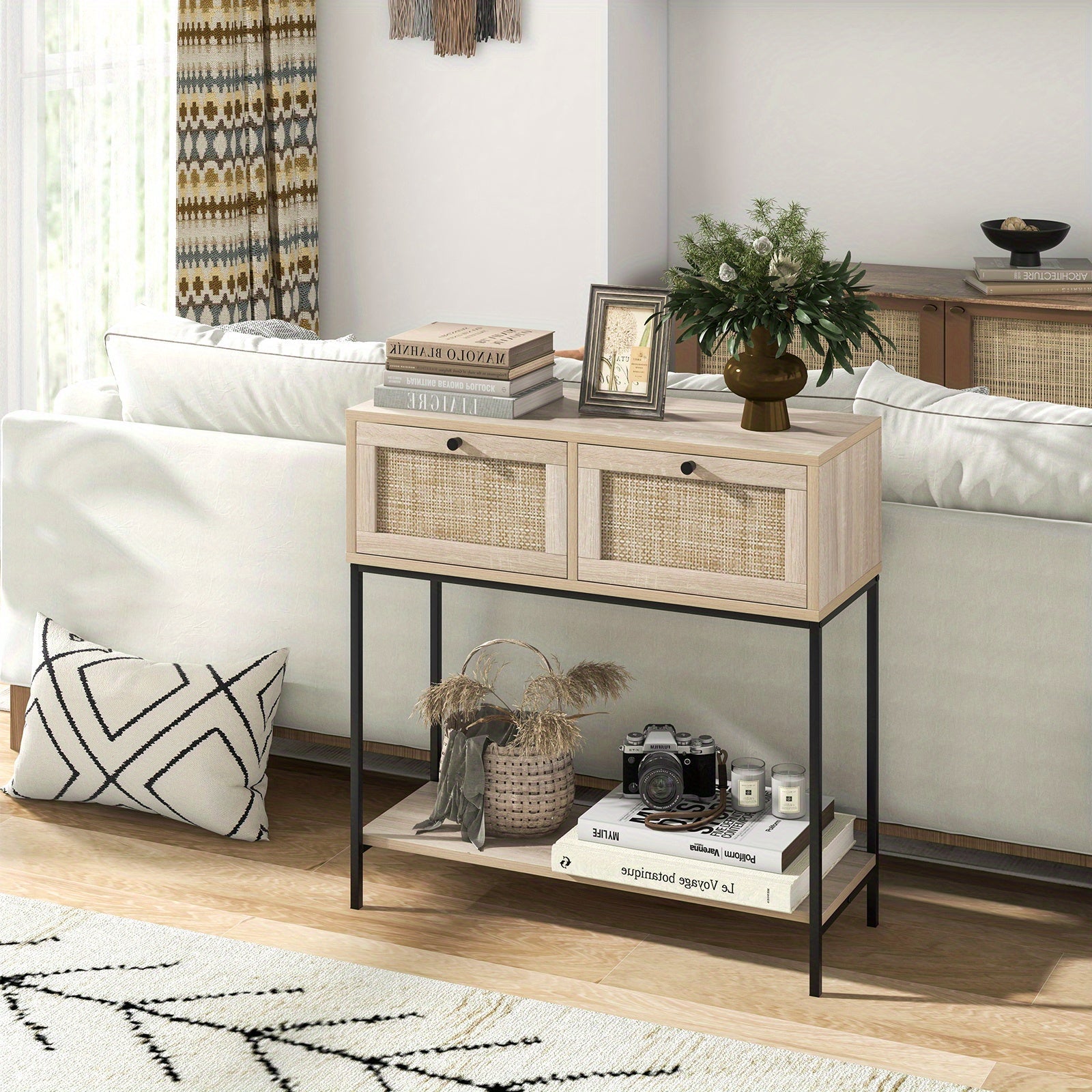 Rattan Console Table with 2 Rattan Drawers & Open Storage Shelf, Metal Legs, Oak - Dimensions in cm