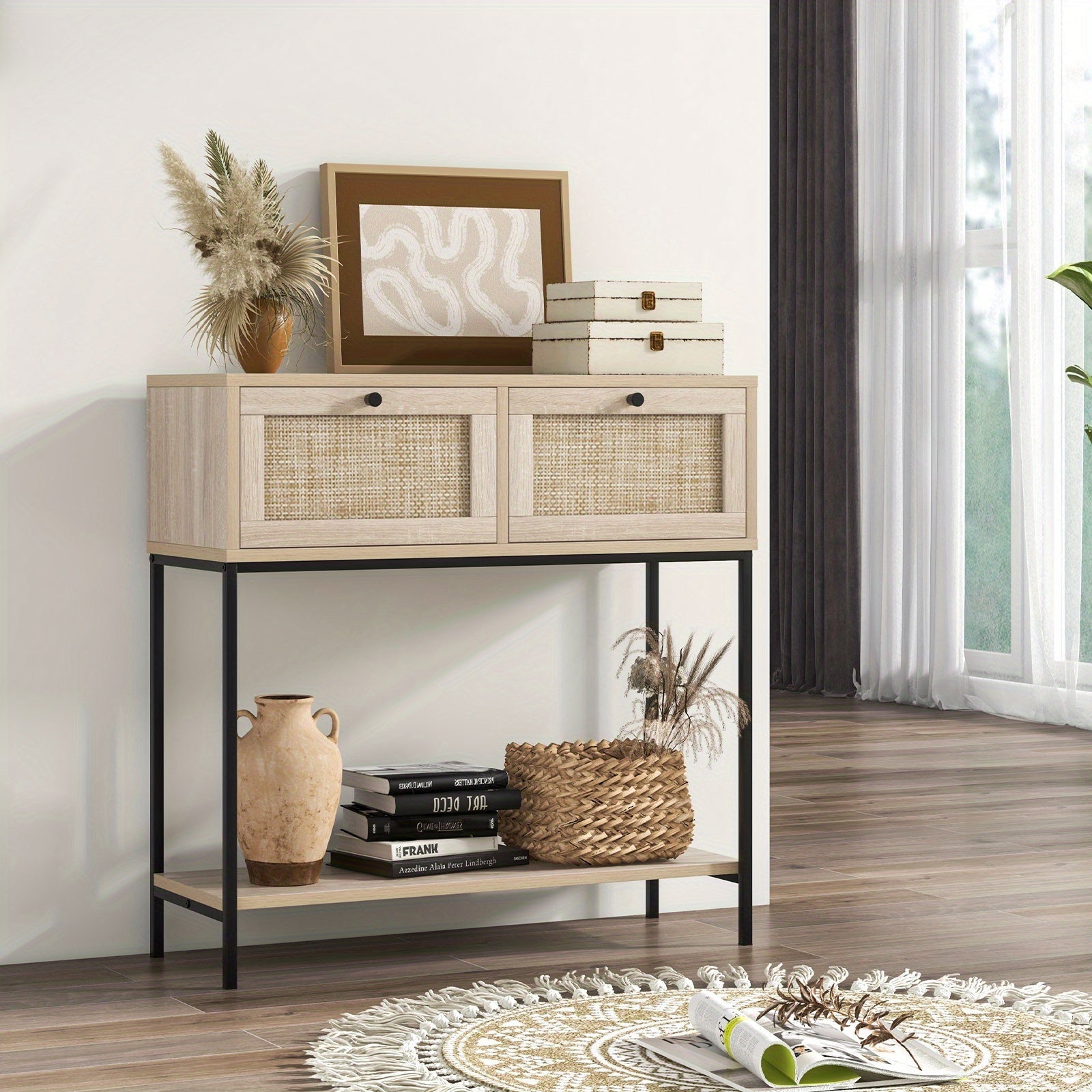 Rattan Console Table with 2 Rattan Drawers & Open Storage Shelf, Metal Legs, Oak - Dimensions in cm