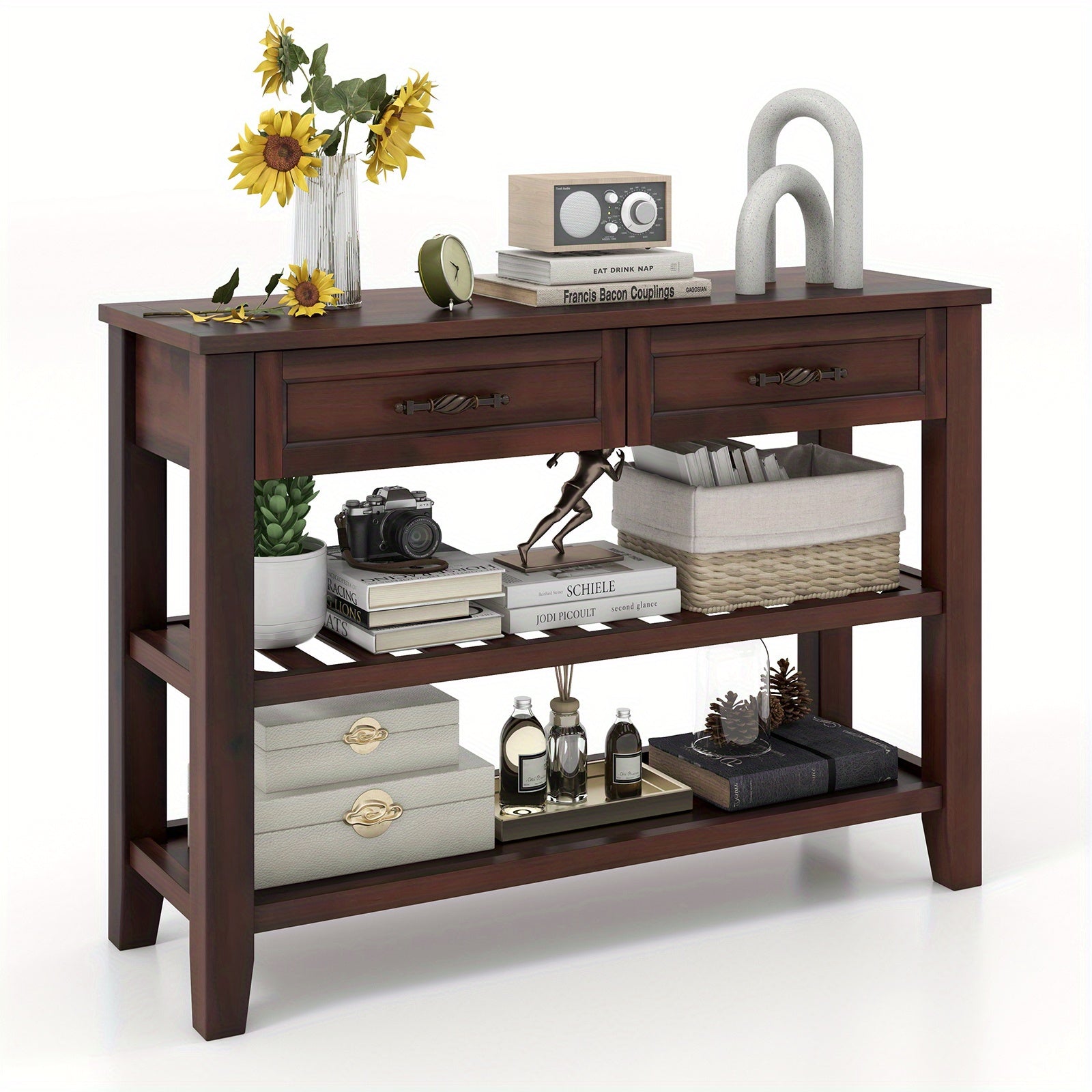 3-Tier Narrow Console Table with 2 Drawers, 2 Open Shelves, Solid Wood Legs (Dimensions in cm)