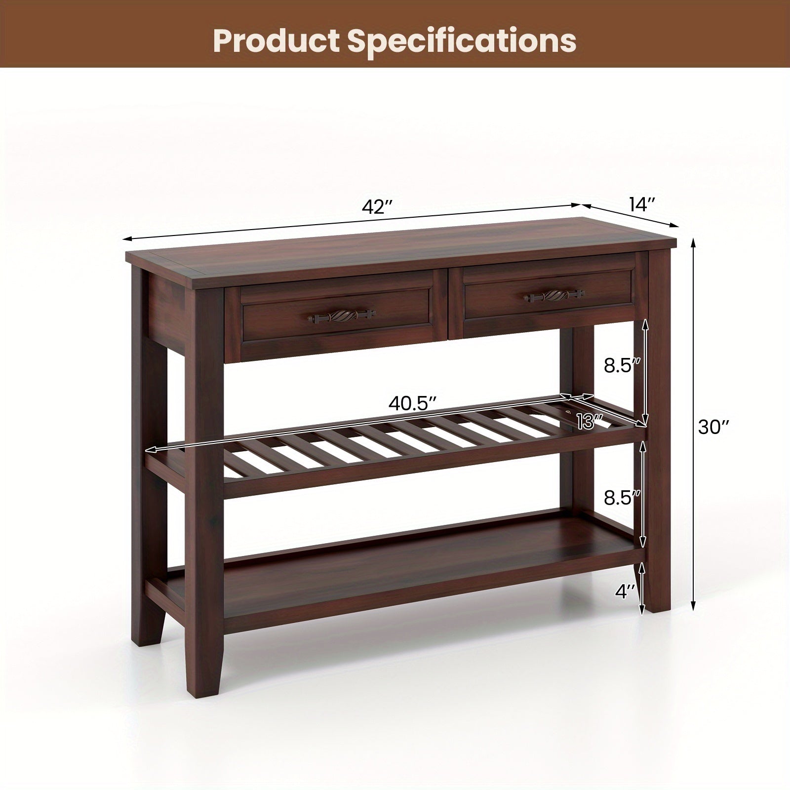 3-Tier Narrow Console Table with 2 Drawers, 2 Open Shelves, Solid Wood Legs (Dimensions in cm)