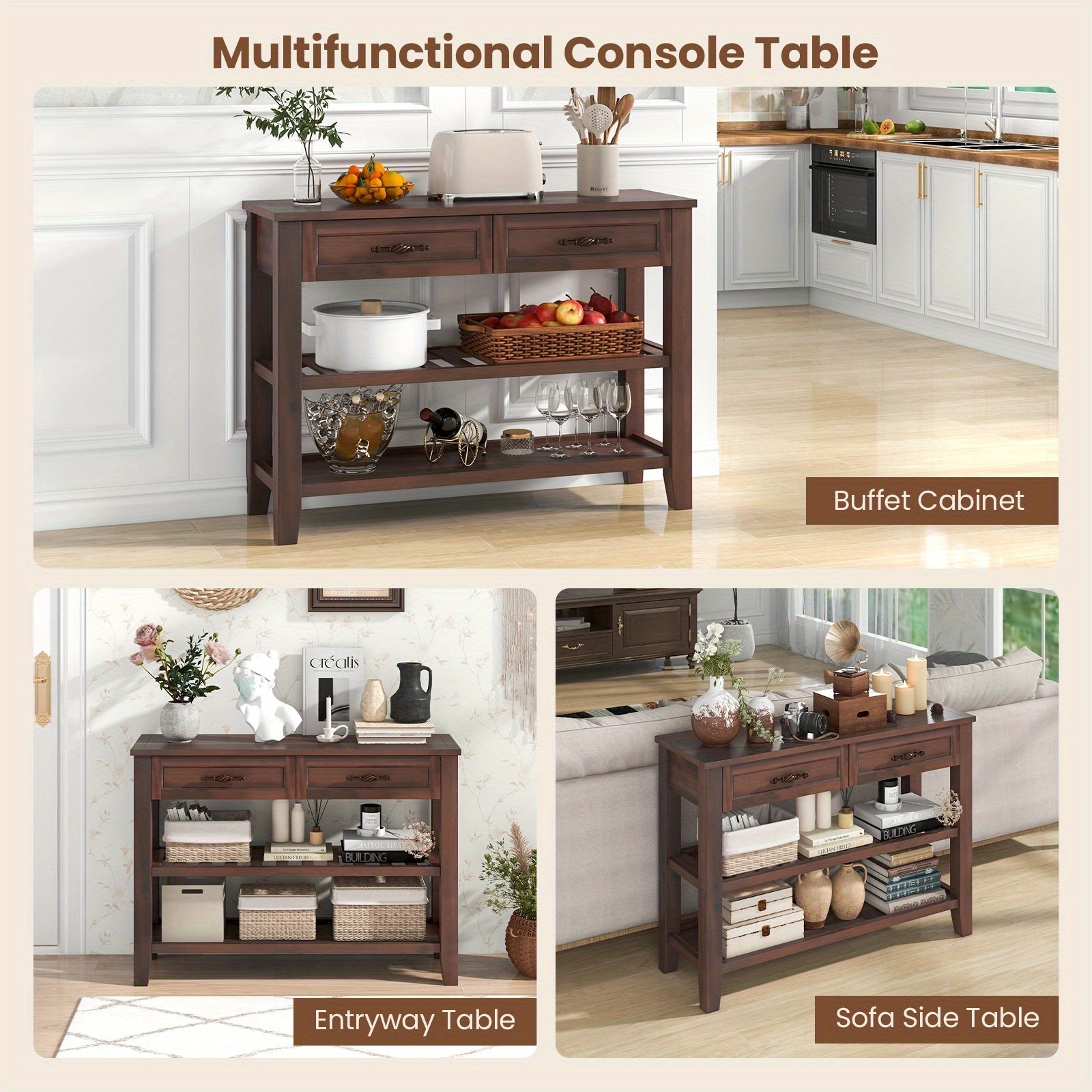 3-Tier Narrow Console Table with 2 Drawers, 2 Open Shelves, Solid Wood Legs (Dimensions in cm)