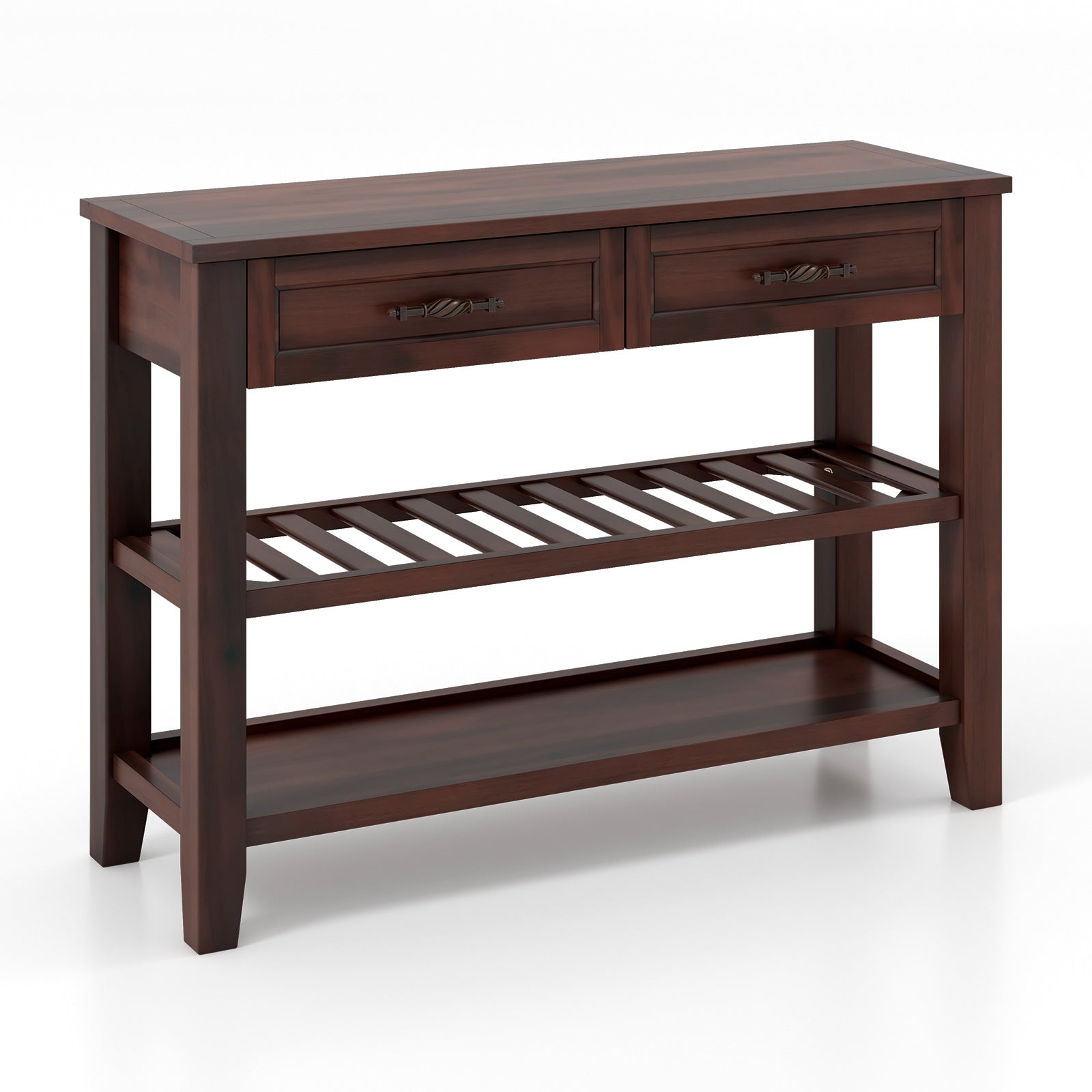 3-Tier Narrow Console Table with 2 Drawers, 2 Open Shelves, Solid Wood Legs (Dimensions in cm)