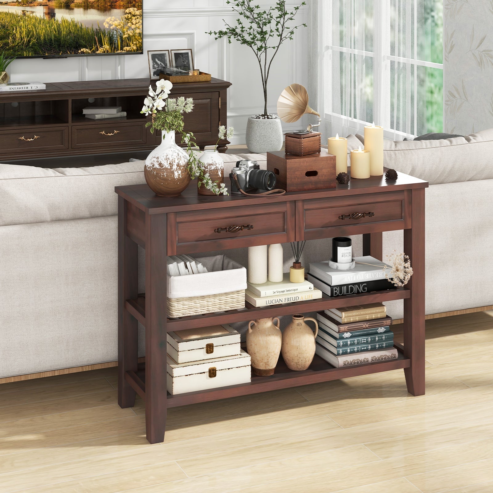 3-Tier Narrow Console Table with 2 Drawers, 2 Open Shelves, Solid Wood Legs (Dimensions in cm)