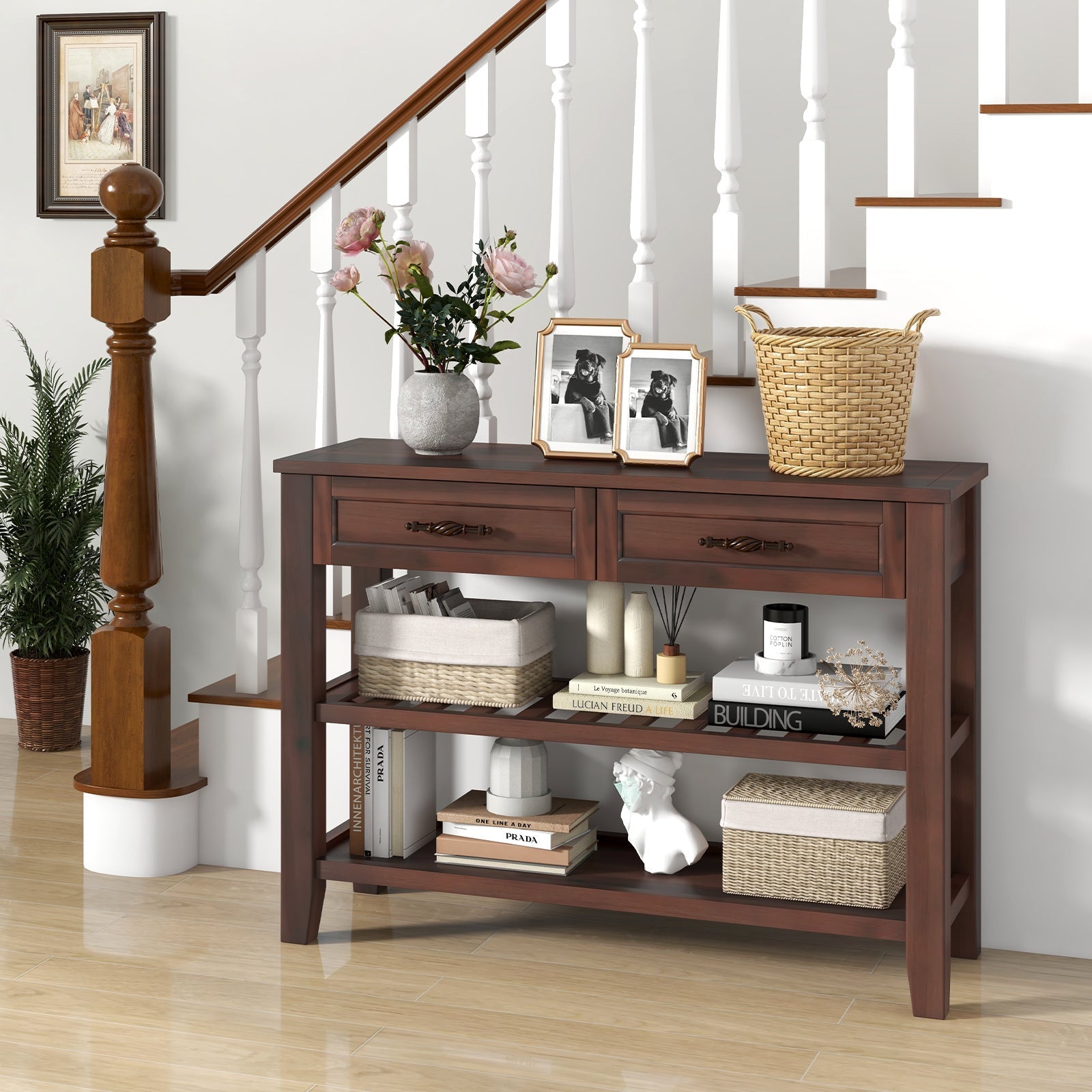 3-Tier Narrow Console Table with 2 Drawers, 2 Open Shelves, Solid Wood Legs (Dimensions in cm)