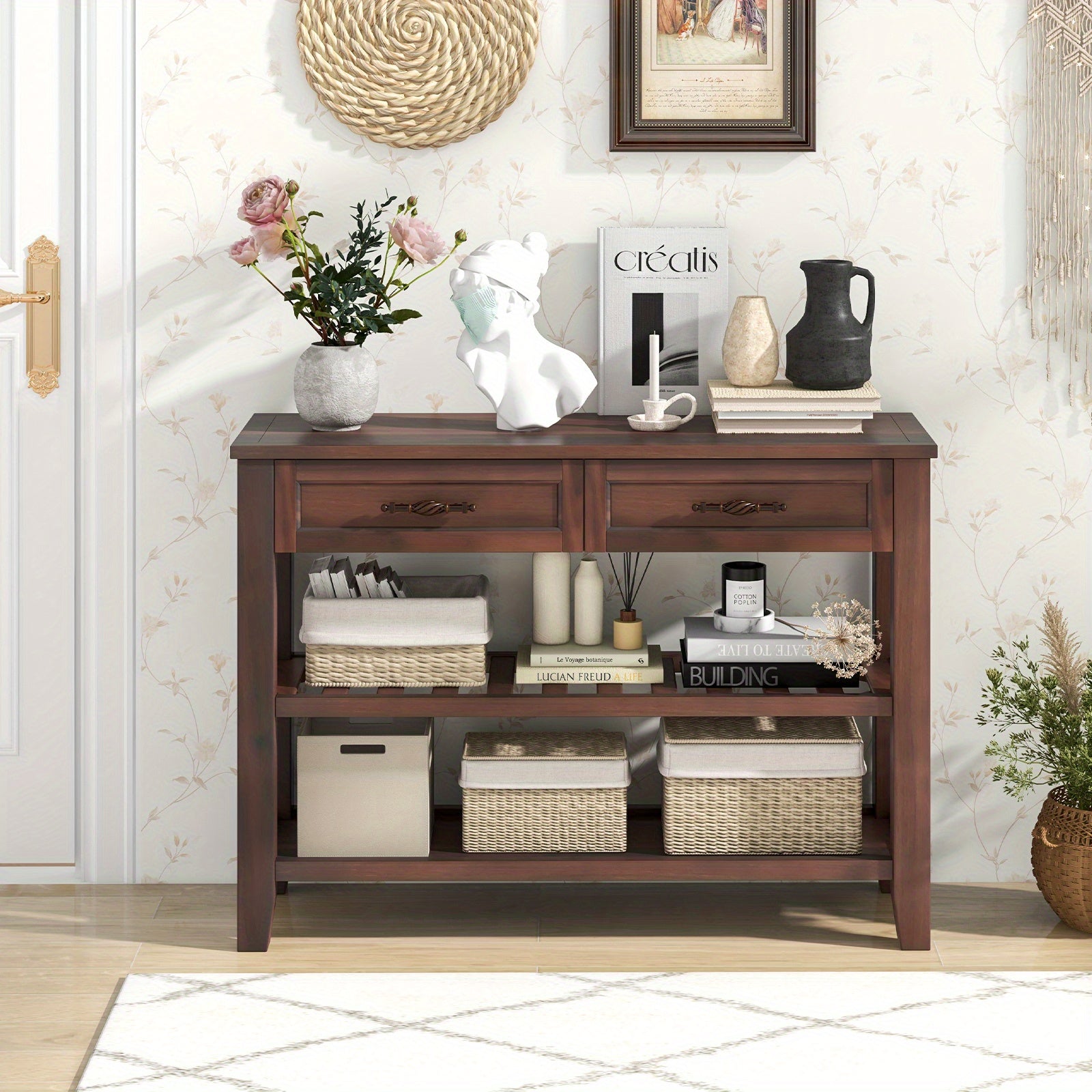 3-Tier Narrow Console Table with 2 Drawers, 2 Open Shelves, Solid Wood Legs (Dimensions in cm)