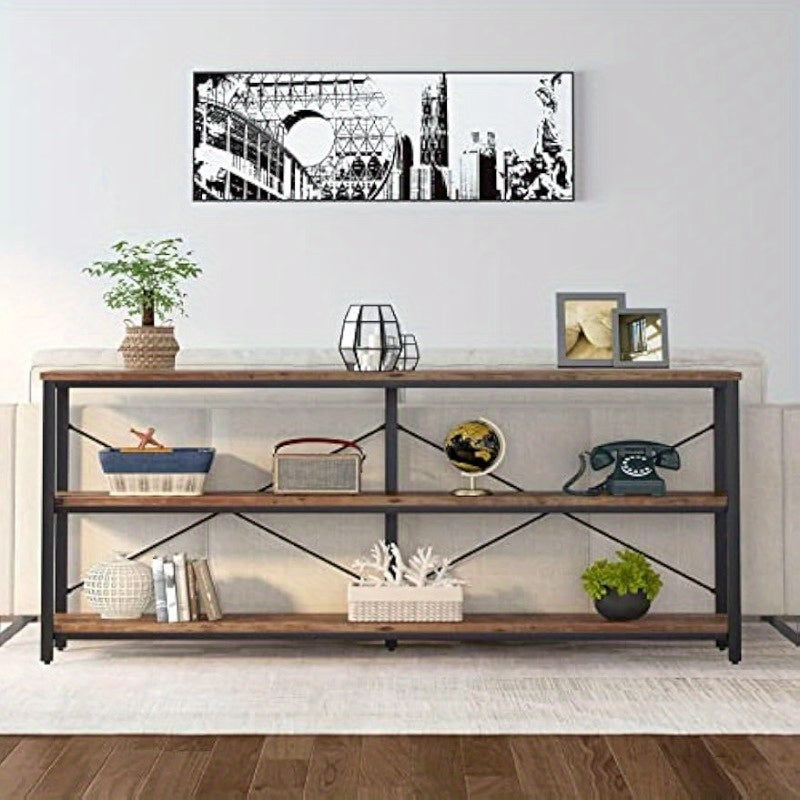 3-Tier Sofa Table with Metal Frame and X-Shaped Design, 180 cm Narrow Extra Long Console Table, Ideal for Living Room and Hallway