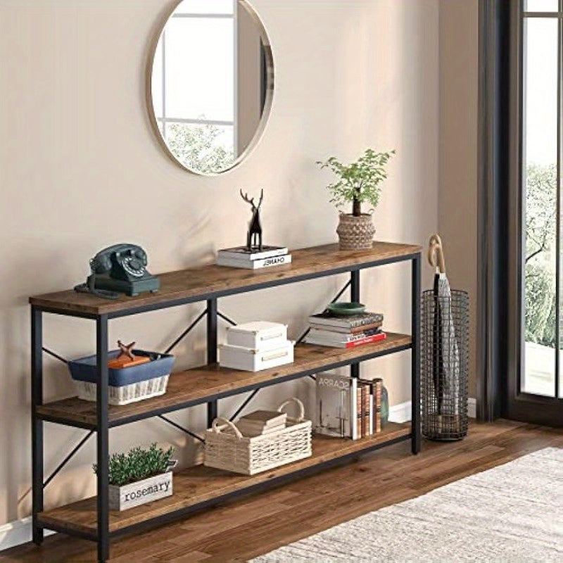 3-Tier Sofa Table with Metal Frame and X-Shaped Design, 180 cm Narrow Extra Long Console Table, Ideal for Living Room and Hallway