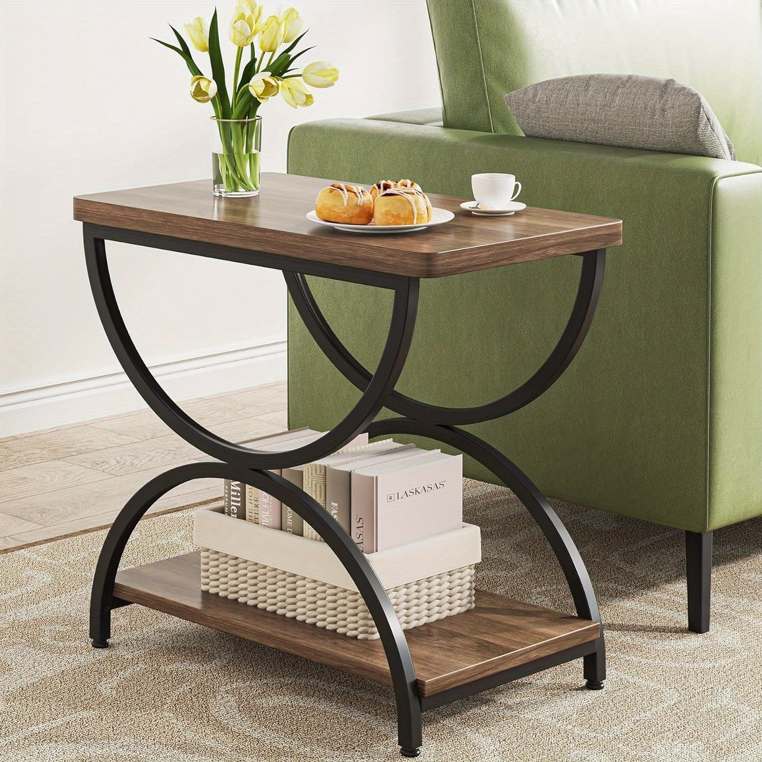 2 Tiers End Side Table with Wood Chairside Tables Living Room, 2-Tier Nightstand Bedside TableC-Shapped Metal Frame for Bedroom