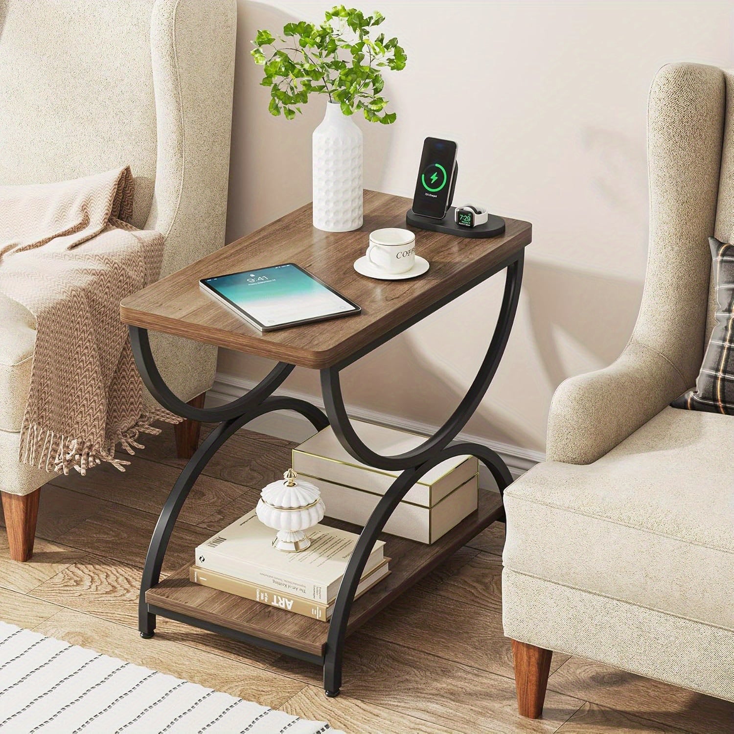 2 Tiers End Side Table with Wood Chairside Tables Living Room, 2-Tier Nightstand Bedside TableC-Shapped Metal Frame for Bedroom