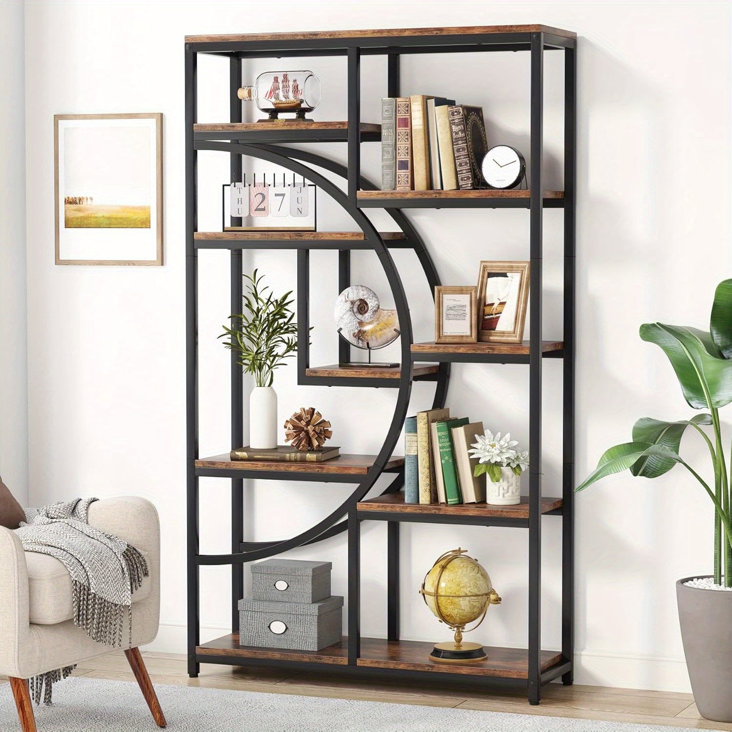 5 Tier Industrial Bookshelf, Freestanding Tall Bookshelves Display Shelf Storage Organizer with 9-Open Storage Shelf for Living Room, Bedroom Magazine & Newspaper Baskets