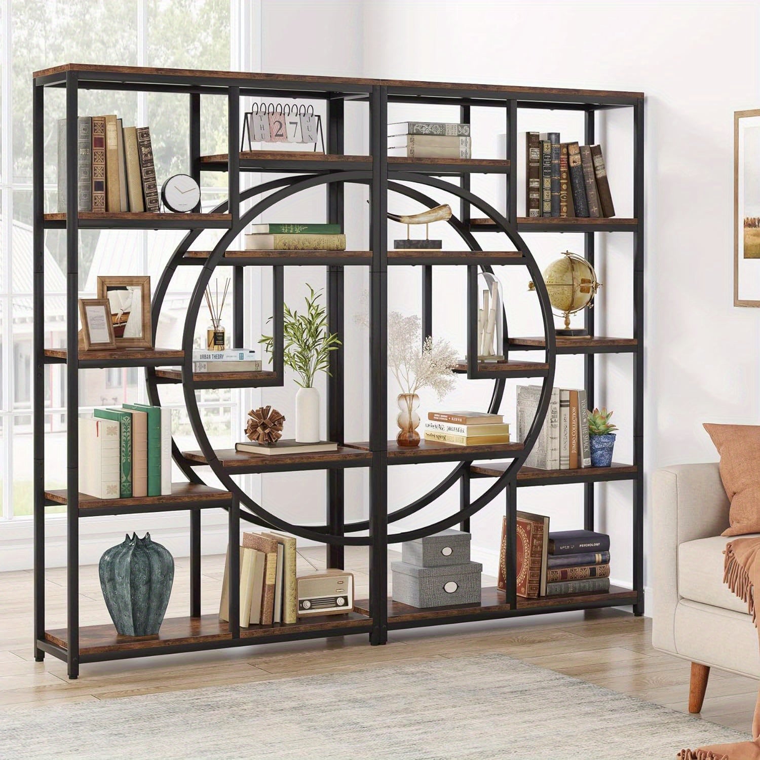 5 Tier Industrial Bookshelf, Freestanding Tall Bookshelves Display Shelf Storage Organizer with 9-Open Storage Shelf for Living Room, Bedroom Magazine & Newspaper Baskets