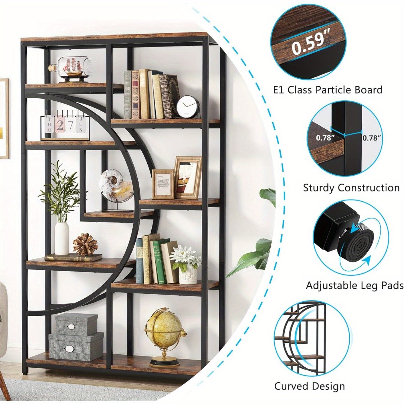 5 Tier Industrial Bookshelf, Freestanding Tall Bookshelves Display Shelf Storage Organizer with 9-Open Storage Shelf for Living Room, Bedroom Magazine & Newspaper Baskets