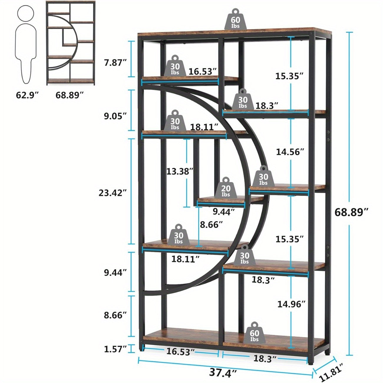 5 Tier Industrial Bookshelf, Freestanding Tall Bookshelves Display Shelf Storage Organizer with 9-Open Storage Shelf for Living Room, Bedroom Magazine & Newspaper Baskets