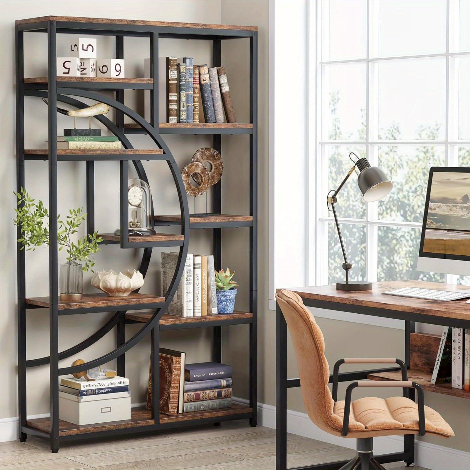 5 Tier Industrial Bookshelf, Freestanding Tall Bookshelves Display Shelf Storage Organizer with 9-Open Storage Shelf for Living Room, Bedroom Magazine & Newspaper Baskets