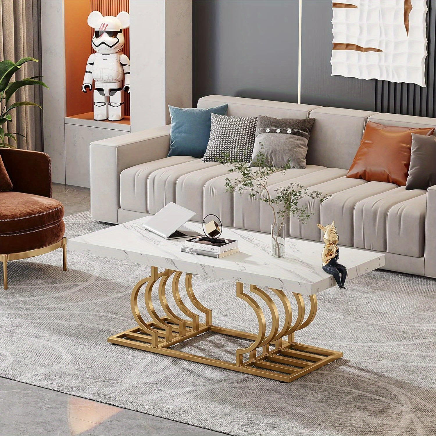 120cm Faux Marble Cocktail Table with Geometric Frame, Modern Coffee Table Simple Assembly, Rectangular Center Table Tea Table Accent Furniture for Living Room