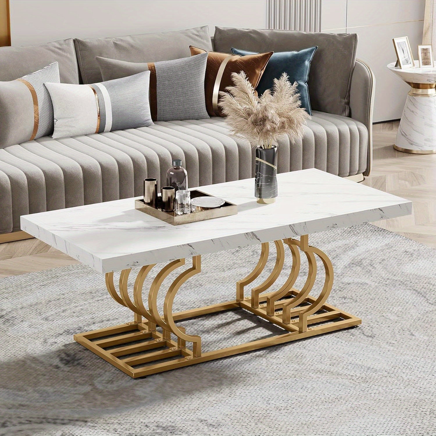 120cm Faux Marble Cocktail Table with Geometric Frame, Modern Coffee Table Simple Assembly, Rectangular Center Table Tea Table Accent Furniture for Living Room