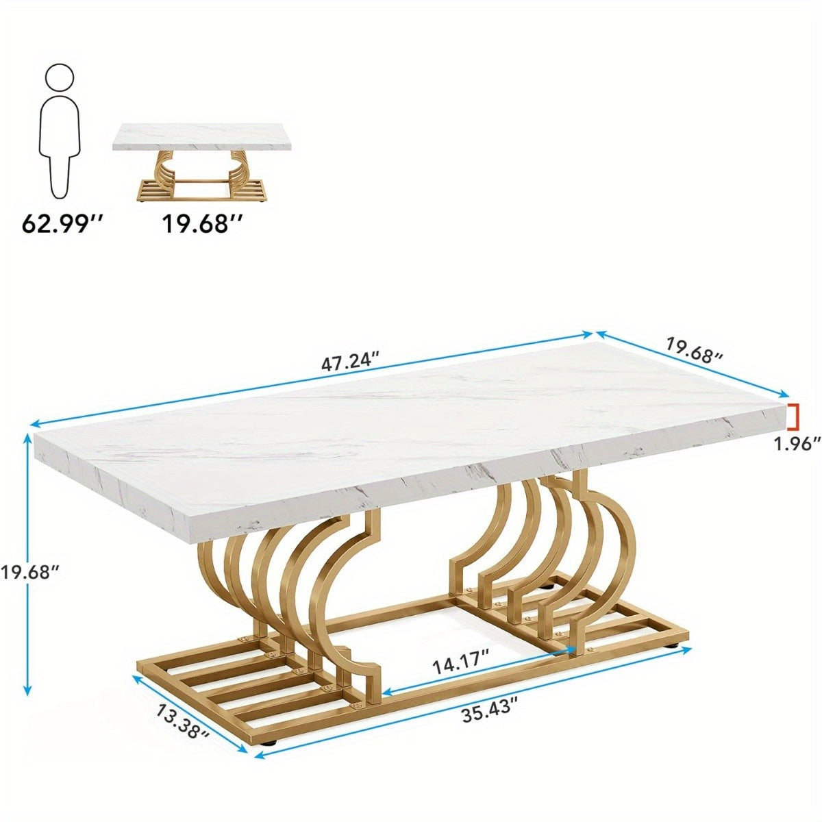 120cm Faux Marble Cocktail Table with Geometric Frame, Modern Coffee Table Simple Assembly, Rectangular Center Table Tea Table Accent Furniture for Living Room