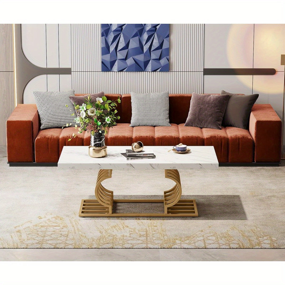 120cm Faux Marble Cocktail Table with Geometric Frame, Modern Coffee Table Simple Assembly, Rectangular Center Table Tea Table Accent Furniture for Living Room