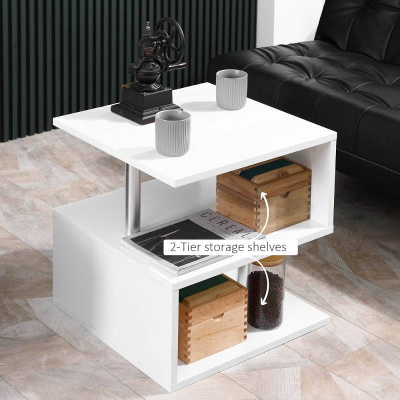 50cm Modern End Table, Accent Side Table, S-Shaped Coffee Table with Storage Shelf and Steel Poles, White