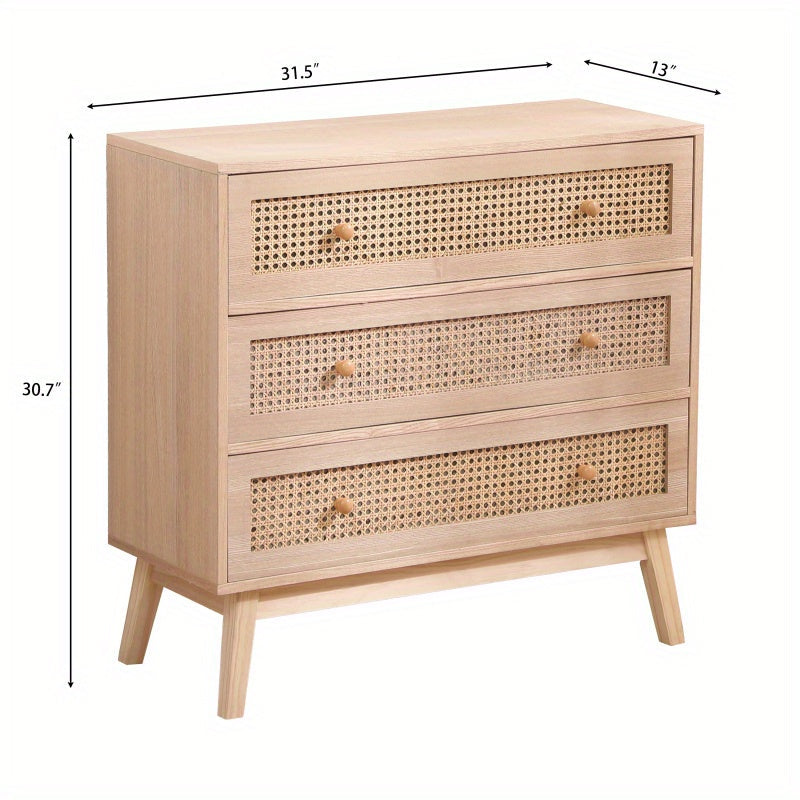 80cm 3-Drawers Chest of Drawers Rattan Storage Cabinet Rattan Drawer Chest, For Bedroom, Living Room, Natural