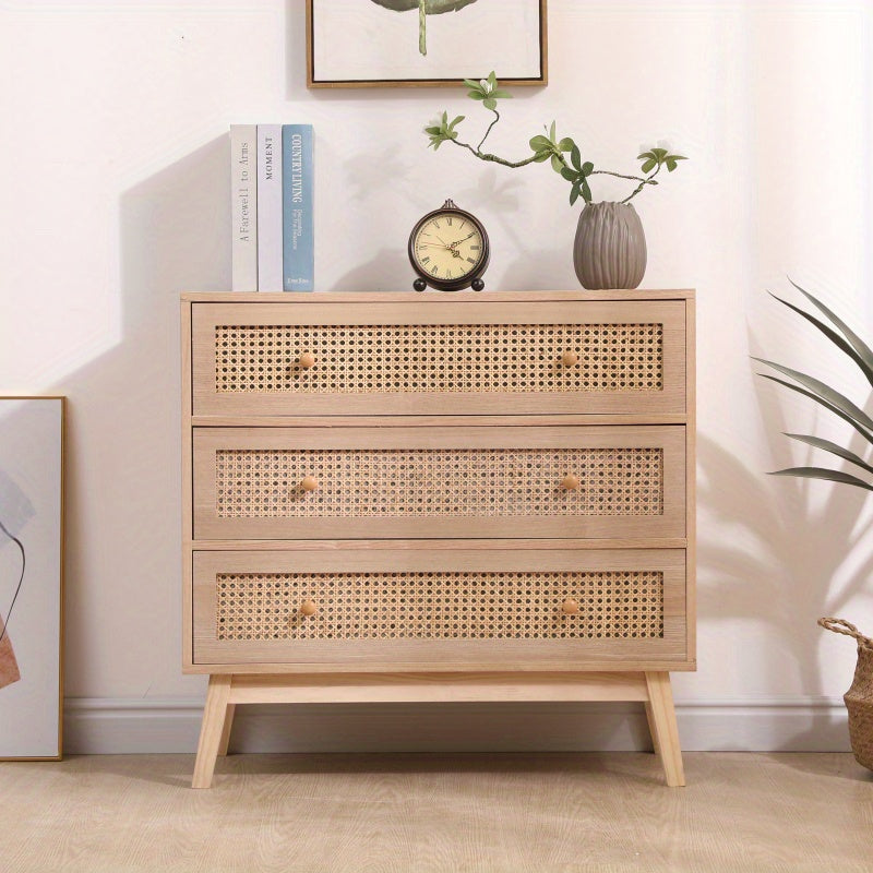 80cm 3-Drawers Chest of Drawers Rattan Storage Cabinet Rattan Drawer Chest, For Bedroom, Living Room, Natural