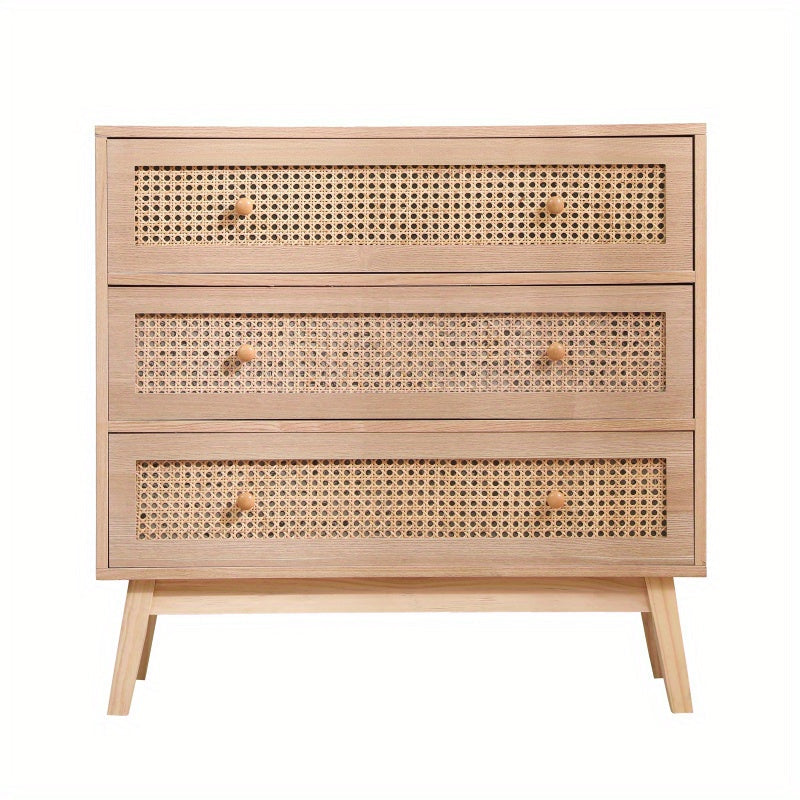 80cm 3-Drawers Chest of Drawers Rattan Storage Cabinet Rattan Drawer Chest, For Bedroom, Living Room, Natural