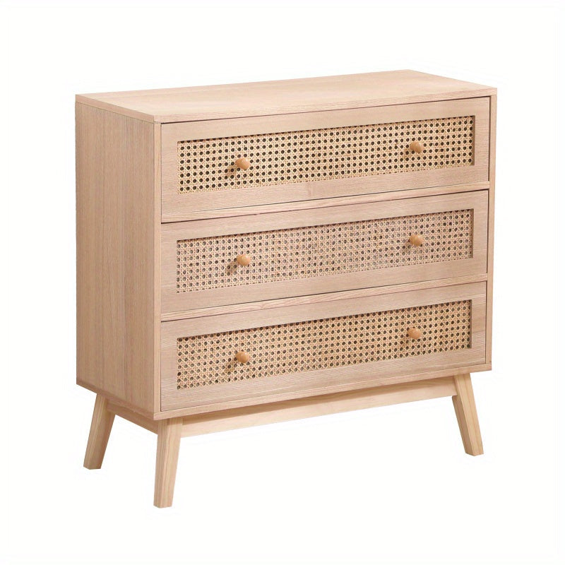 80cm 3-Drawers Chest of Drawers Rattan Storage Cabinet Rattan Drawer Chest, For Bedroom, Living Room, Natural