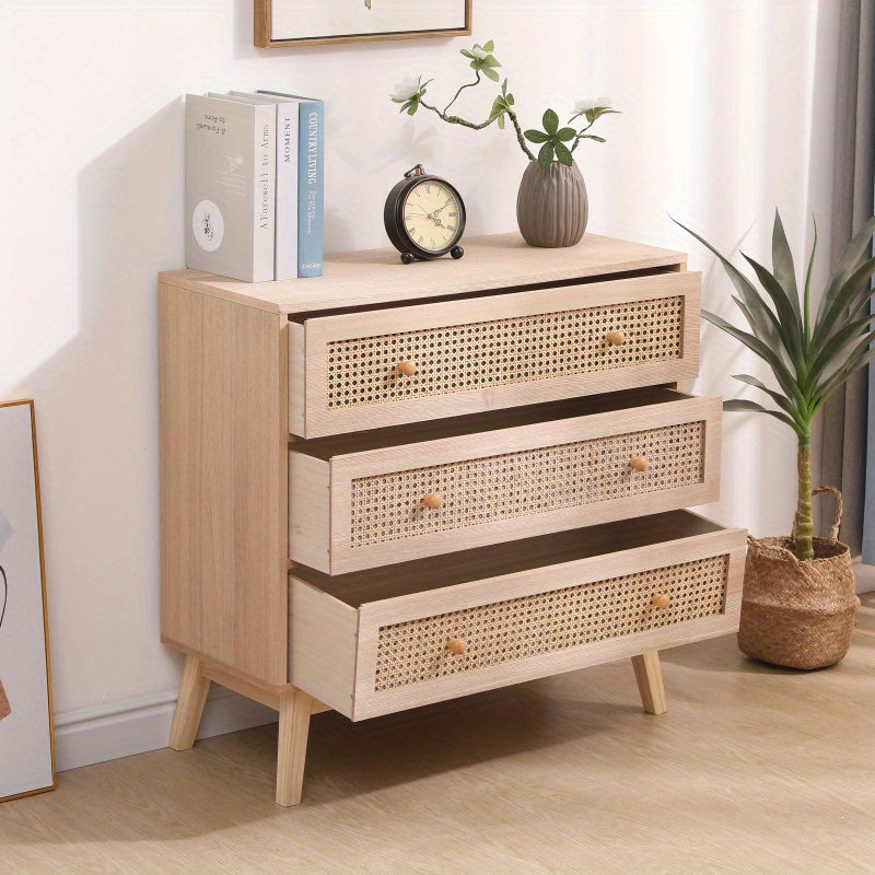 80cm 3-Drawers Chest of Drawers Rattan Storage Cabinet Rattan Drawer Chest, For Bedroom, Living Room, Natural