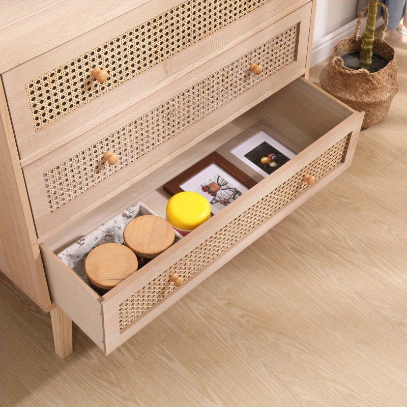 80cm 3-Drawers Chest of Drawers Rattan Storage Cabinet Rattan Drawer Chest, For Bedroom, Living Room, Natural