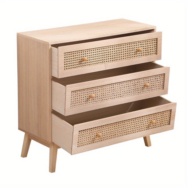 80cm 3-Drawers Chest of Drawers Rattan Storage Cabinet Rattan Drawer Chest, For Bedroom, Living Room, Natural