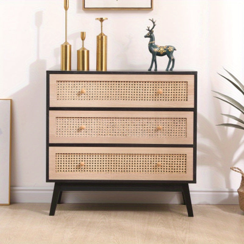 80cm 3-Drawers Chest of Drawers Rattan Storage Cabinet Rattan Drawer Chest, For Bedroom, Living Room, Natural