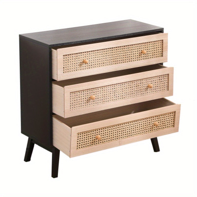 80cm 3-Drawers Chest of Drawers Rattan Storage Cabinet Rattan Drawer Chest, For Bedroom, Living Room, Natural